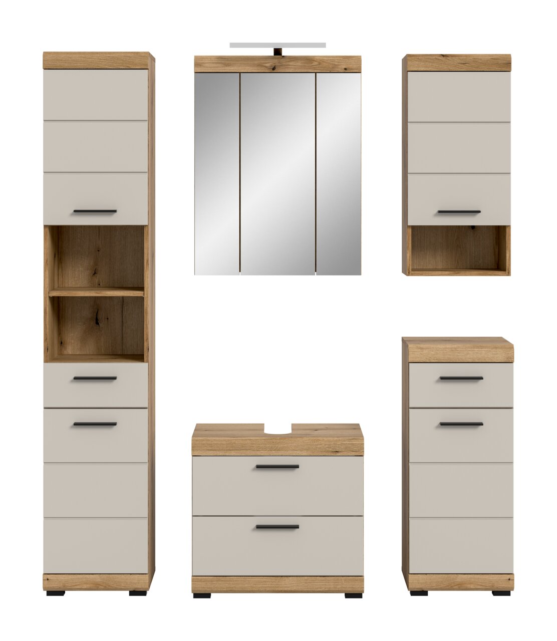 Badmöbel-Set in Eiche-Optik mit hellgrauen Fronten und schwarzen Griffen, bestehend aus Hochschrank, Spiegelschrank, Waschtischunterschrank und Seitenschrank, frontale Ansicht