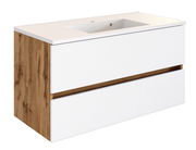 Moderner Waschplatz mit weißer Front und Holzseiten, seitliche Perspektive