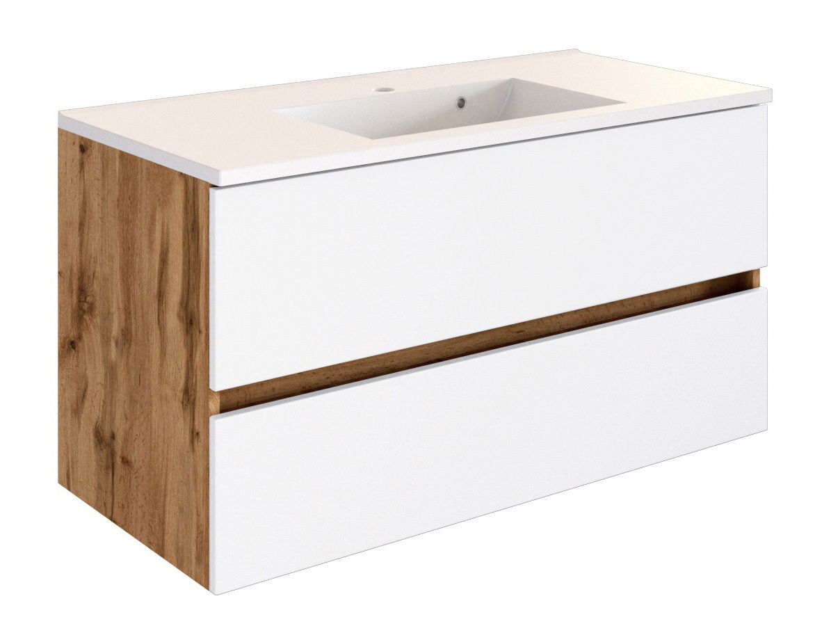 Moderner Waschplatz mit weißer Front und Holzseiten, seitliche Perspektive