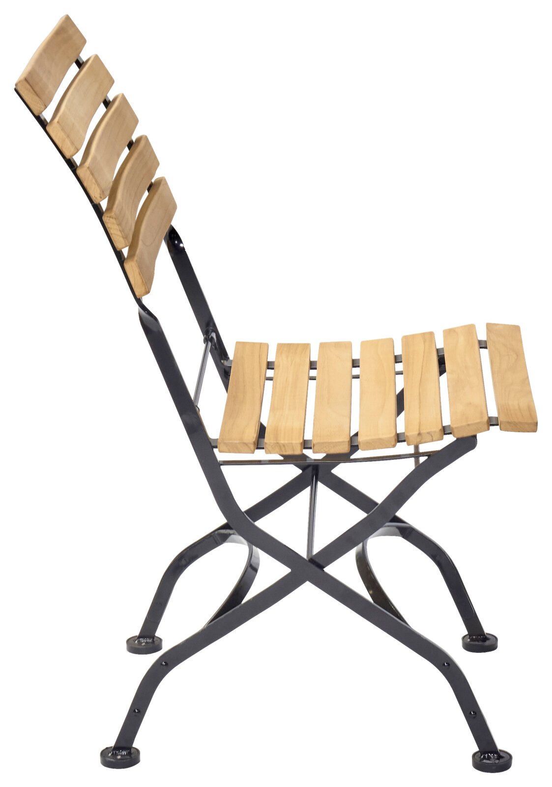 Seitenansicht eines klappbaren Gartenstuhls mit Holzlatten und Metallrahmen.