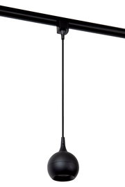 Schwarze Pendelleuchte FAVORI, kugelförmiges Design, von unten fotografiert, an einer Schiene hängend.