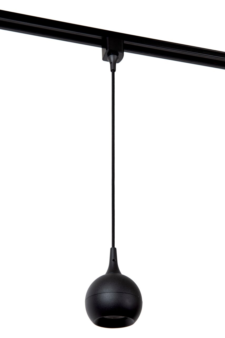 Schwarze Pendelleuchte FAVORI, kugelförmiges Design, von unten fotografiert, an einer Schiene hängend.