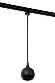 Zwarte hanglamp FAVORI, bolvormig ontwerp, gefotografeerd van onderaf, hangend aan een rail.