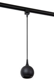 Schwarze Pendelleuchte FAVORI, kugelförmiges Design, von unten fotografiert, an einer Schiene hängend.