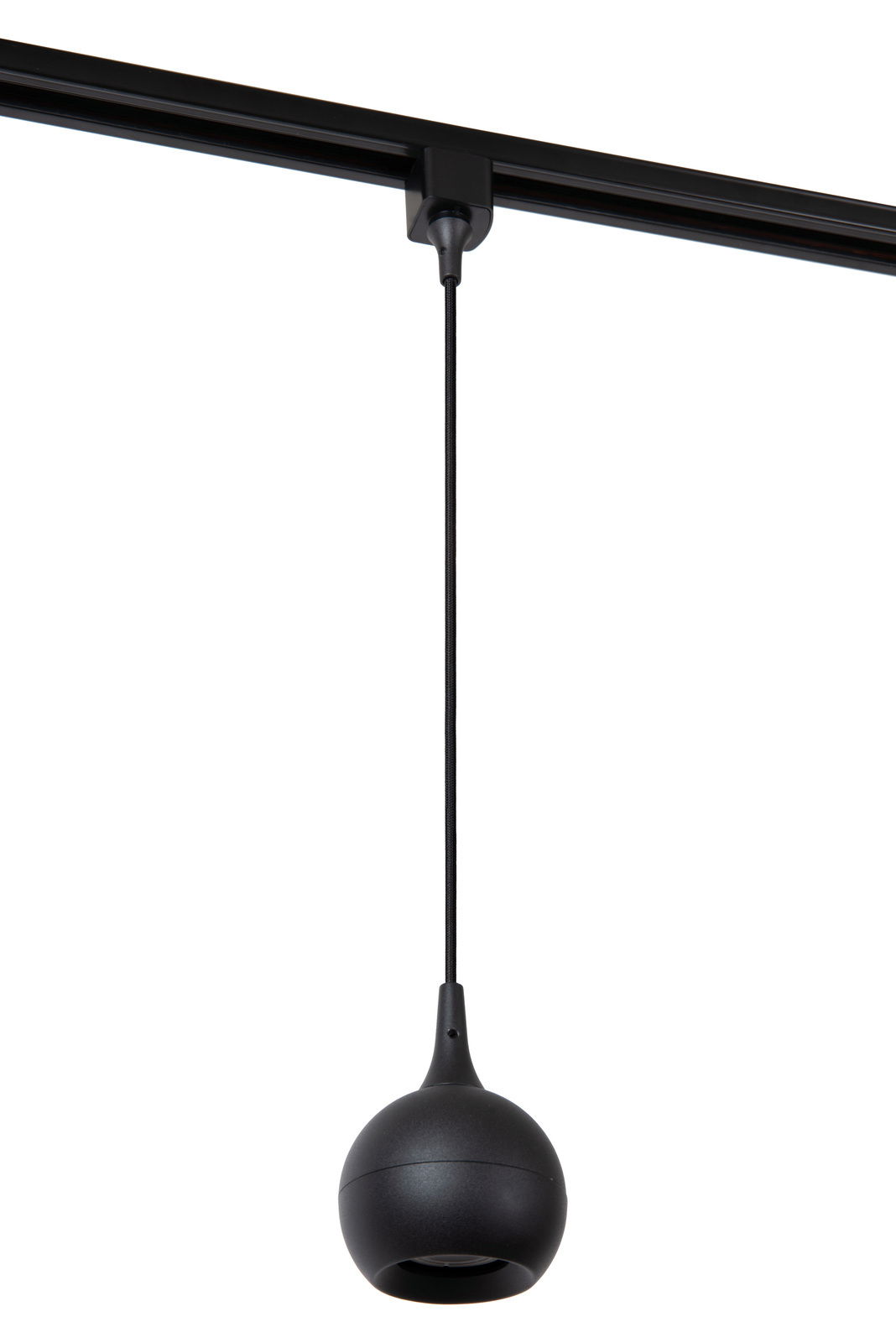 Schwarze Pendelleuchte FAVORI, kugelförmiges Design, von unten fotografiert, an einer Schiene hängend.