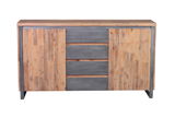 Frontansicht eines modernen Sideboards mit Holz- und Metallelementen, zwei Türen und vier Schubladen.