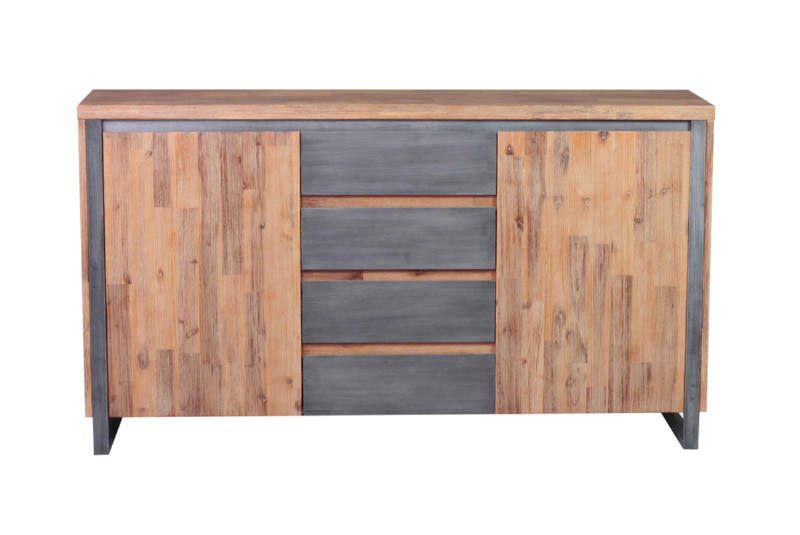 Frontansicht eines modernen Sideboards mit Holz- und Metallelementen, zwei Türen und vier Schubladen.