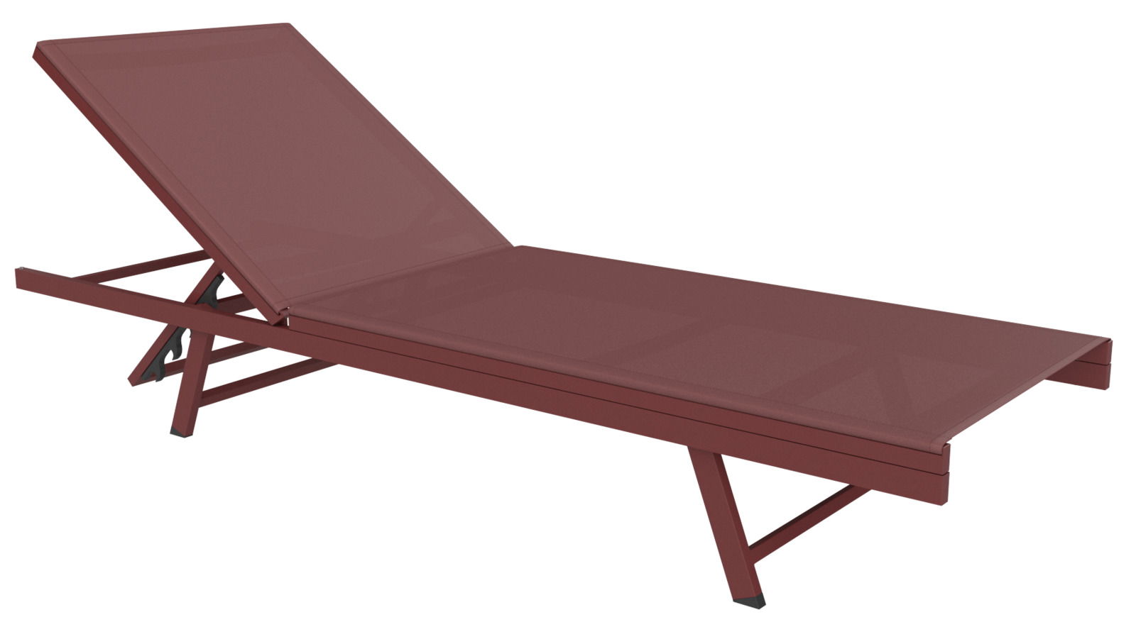 Rote Sonnenliege aus seitlicher Perspektive mit verstellbarer Rückenlehne