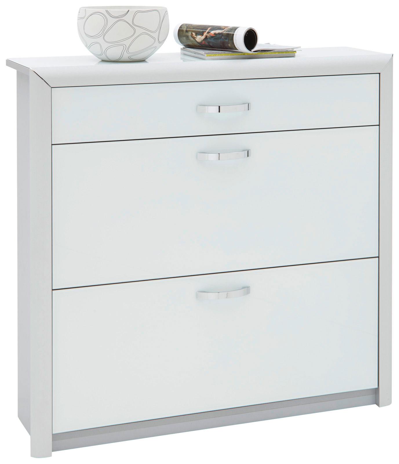 Moderner weißer Schuhschrank mit drei Schubladen, dekoriert mit einer Schale und Zeitschriften, Frontalansicht