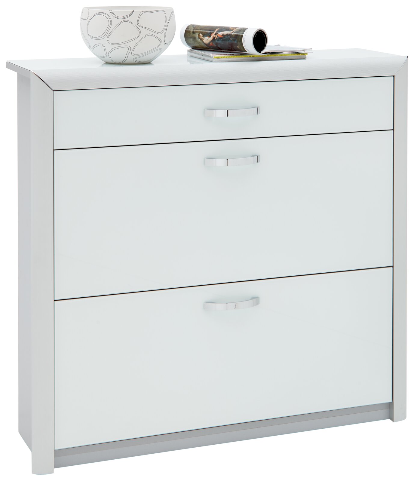 Dieter Knoll Schuhschrank CASTEL Moderner weißer Schuhschrank mit drei Schubladen, dekoriert mit einer Schale und Zeitschriften, Frontalansicht