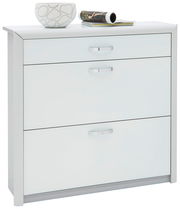 Moderner weißer Schuhschrank mit drei Schubladen, dekoriert mit einer Schale und Zeitschriften, Frontalansicht