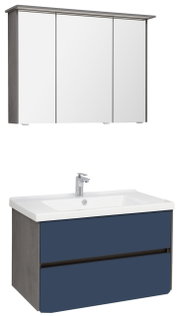 Badkamercombinatie bestaande uit een spiegelkast met drie deuren en een wastafelonderkast met twee lades in de kleur blauw, zijaanzicht.