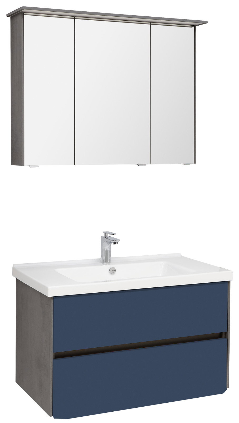 Badezimmerkombination bestehend aus einem dreitürigen Spiegelschrank und einem Waschbeckenunterschrank mit zwei Schubladen in blauer Farbe, seitliche Perspektive.