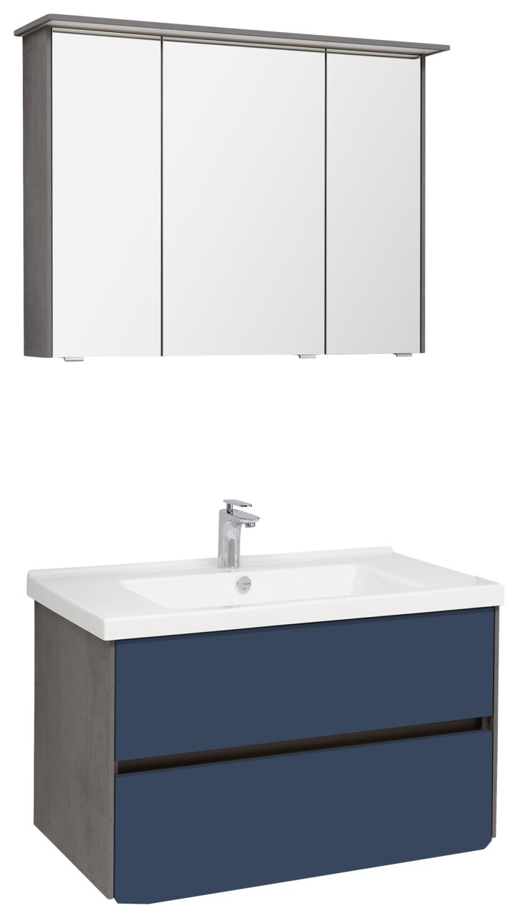 Badezimmerkombination bestehend aus einem dreitürigen Spiegelschrank und einem Waschbeckenunterschrank mit zwei Schubladen in blauer Farbe, seitliche Perspektive.