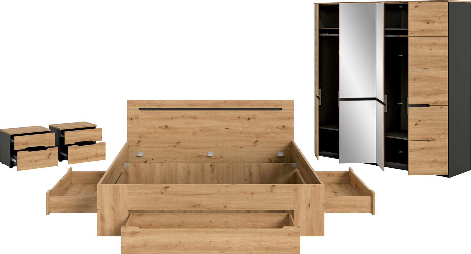 Schlafzimmermöbel-Set in Eiche-Optik mit Bettgestell und ausziehbaren Bettkästen sowie Kleiderschrank mit Spiegel- und Holztüren, frontale Perspektive