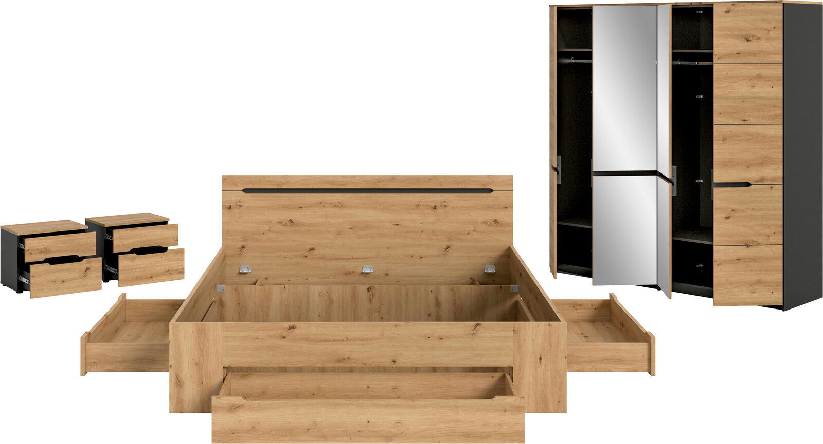 Schlafzimmermöbel-Set in Eiche-Optik mit Bettgestell und ausziehbaren Bettkästen sowie Kleiderschrank mit Spiegel- und Holztüren, frontale Perspektive