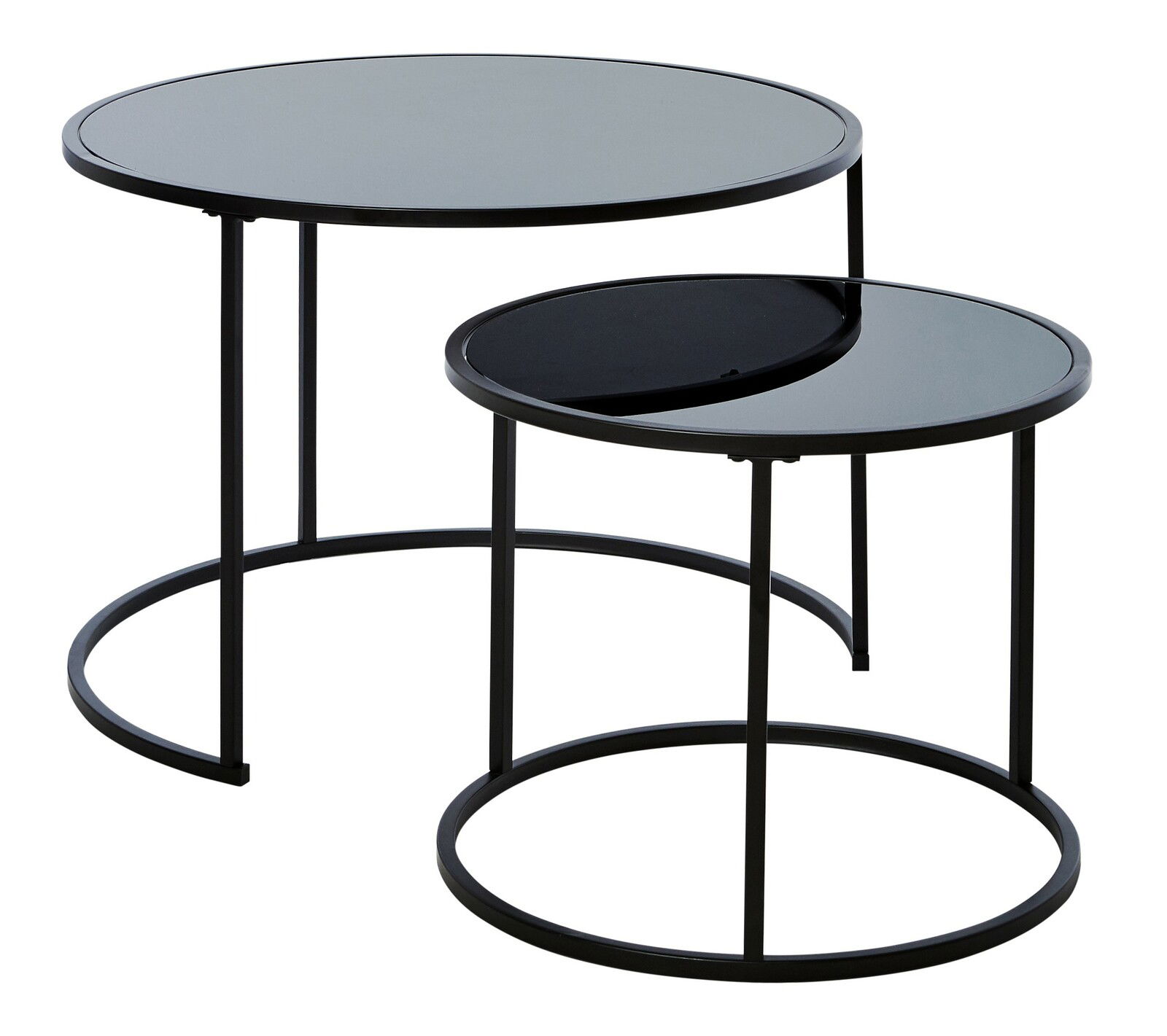 Zweier-Set von runden Couchtischen mit schwarzer Glasplatte und Metallgestell, seitliche Perspektive
