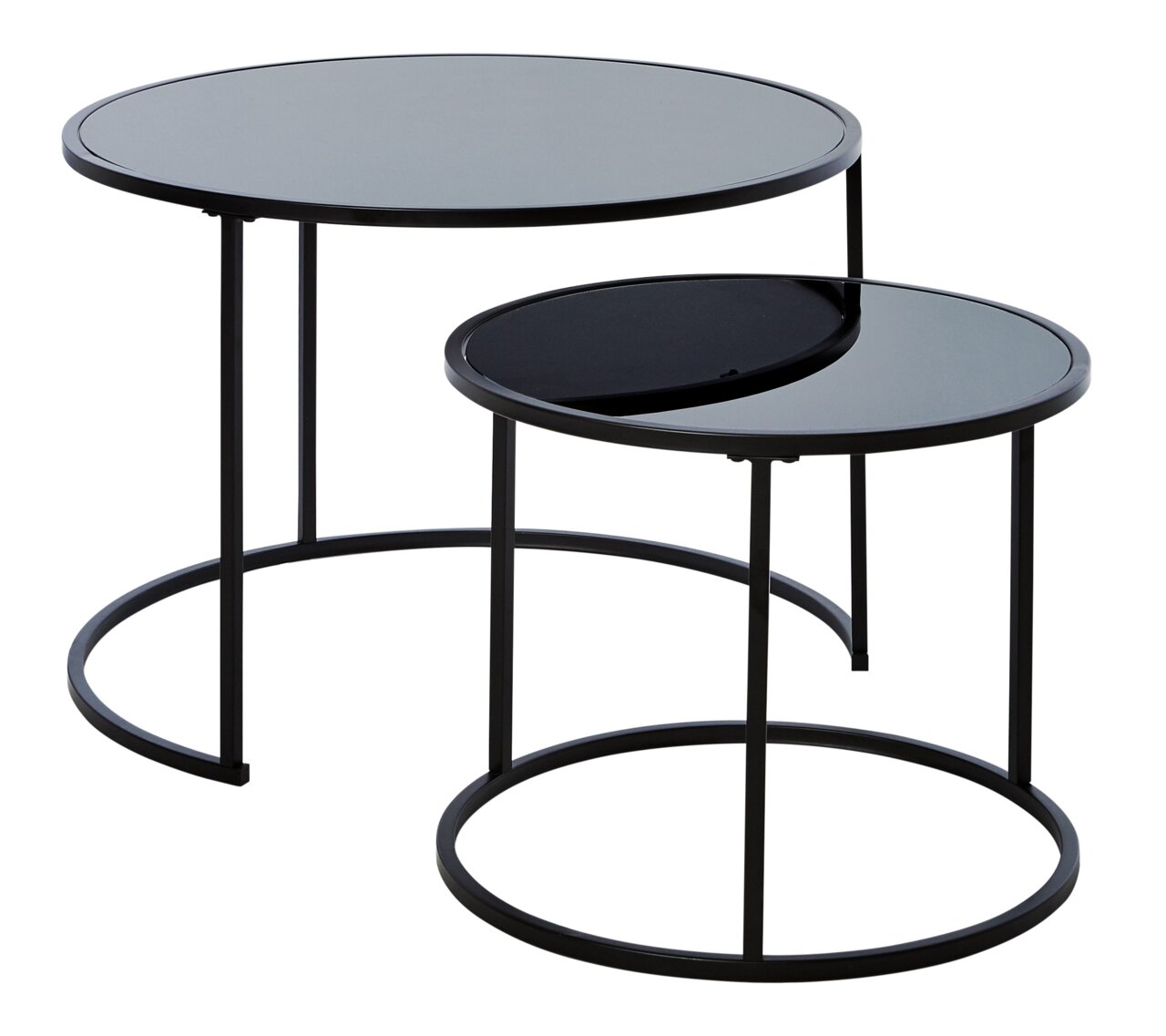Set van twee ronde salontafels met een zwart glazen blad en een metalen onderstel, zijaanzicht