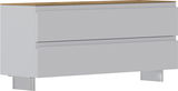 Garderobenbank mit zwei Schubladen, weiße Front und Holzoberfläche, seitliche Perspektive