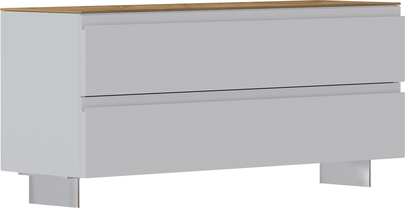 Garderobenbank mit zwei Schubladen, weiße Front und Holzoberfläche, seitliche Perspektive