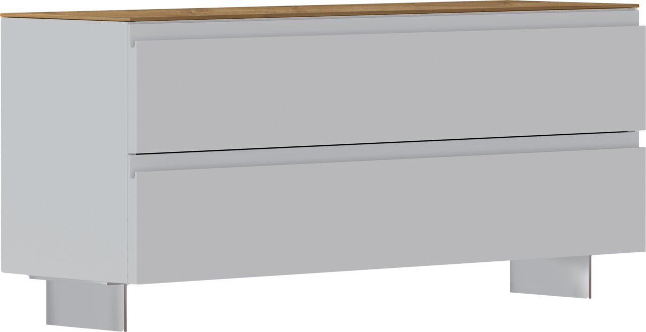 Garderobenbank mit zwei Schubladen, weiße Front und Holzoberfläche, seitliche Perspektive