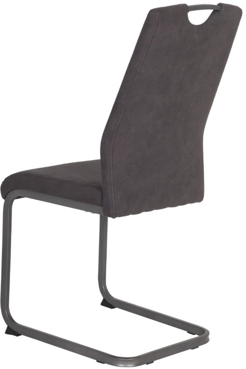 Achterkant van een moderne schommelstoel met grijze bekleding en metalen frame.