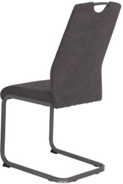 Achterkant van een moderne schommelstoel met grijze bekleding en metalen frame.