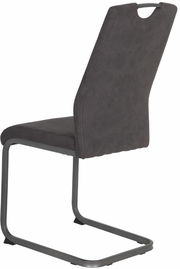 Rückansicht eines modernen Schwingstuhls mit grauem Bezug und Metallgestell.