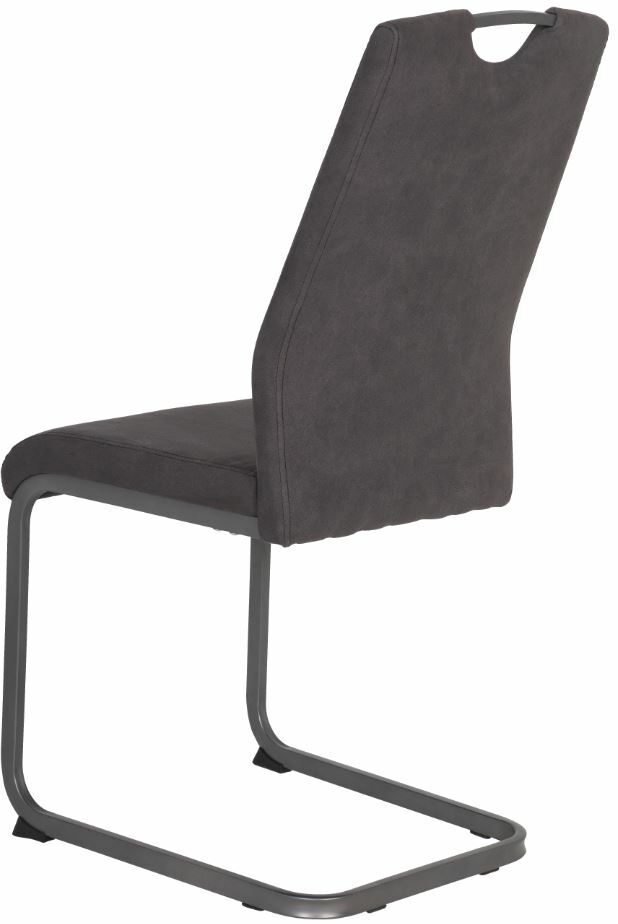 Rückansicht eines modernen Schwingstuhls mit grauem Bezug und Metallgestell.