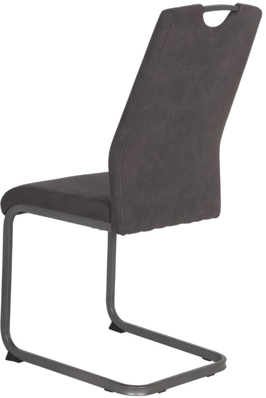 Rückansicht eines modernen Schwingstuhls mit grauem Bezug und Metallgestell.