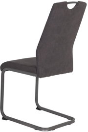 Rückansicht eines modernen Schwingstuhls mit grauem Bezug und Metallgestell.