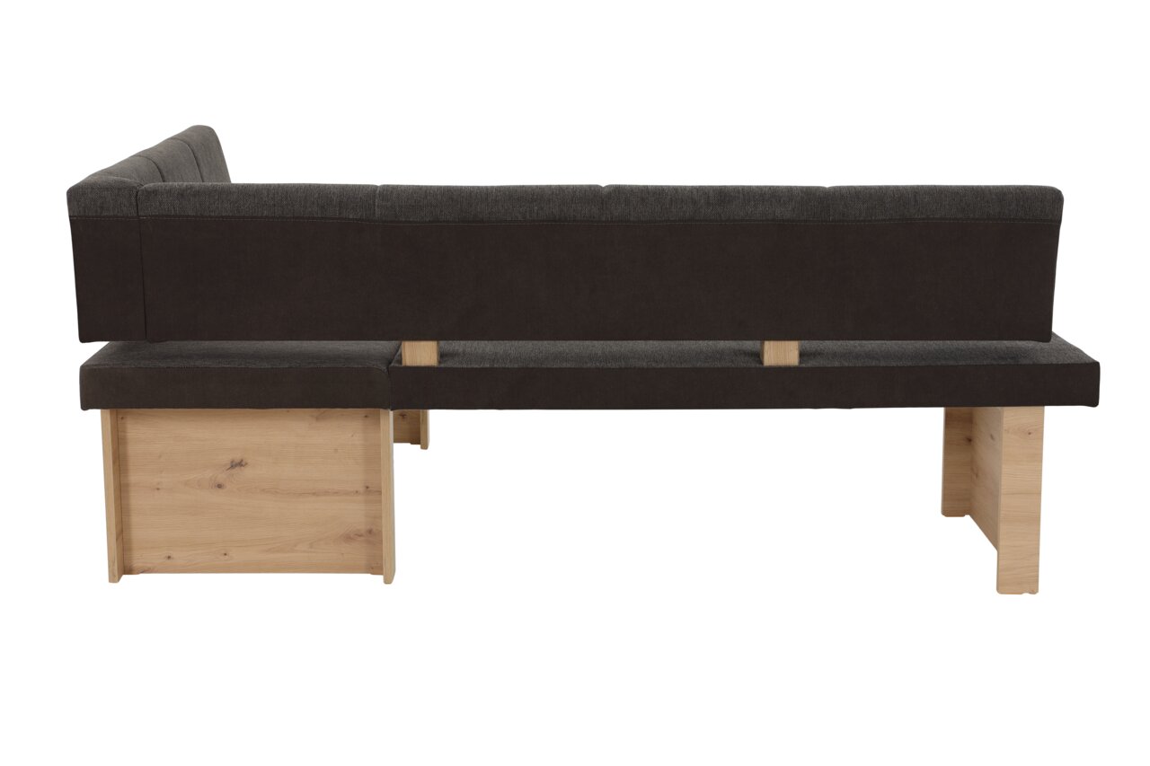 Rückansicht einer Eckbank mit dunklem Polster und Holzgestell.