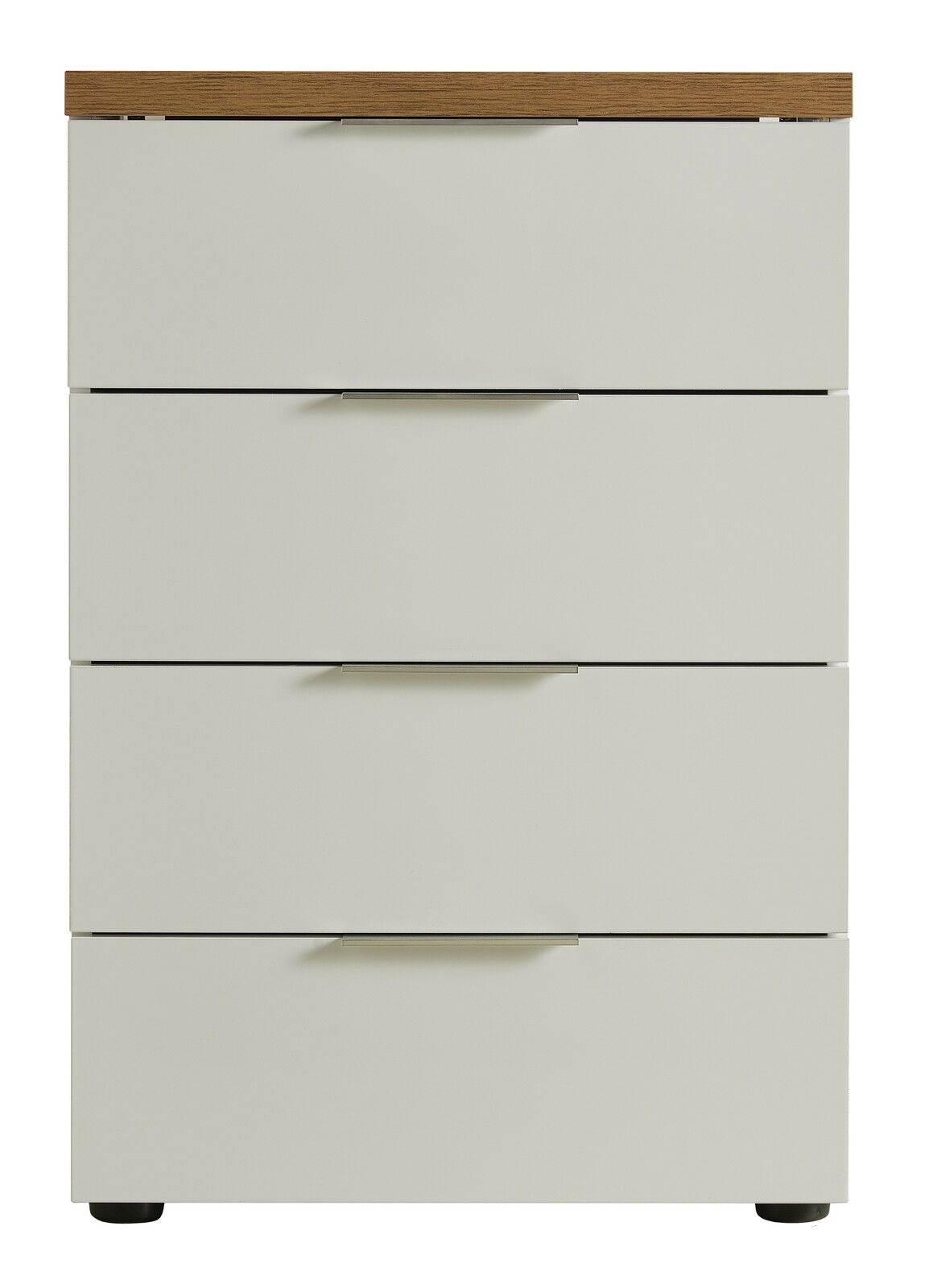 Schubkastenkommode mit vier Schubladen, weiße Fronten und Holzoberfläche, Frontalansicht