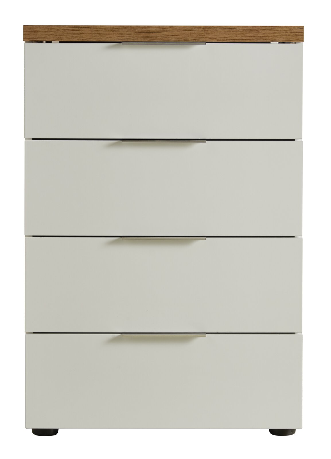 Schubkastenkommode mit vier Schubladen, weiße Fronten und Holzoberfläche, Frontalansicht