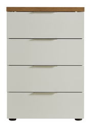 Schubkastenkommode mit vier Schubladen, weiße Fronten und Holzoberfläche, Frontalansicht