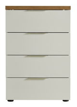 Schubkastenkommode mit vier Schubladen, weiße Fronten und Holzoberfläche, Frontalansicht