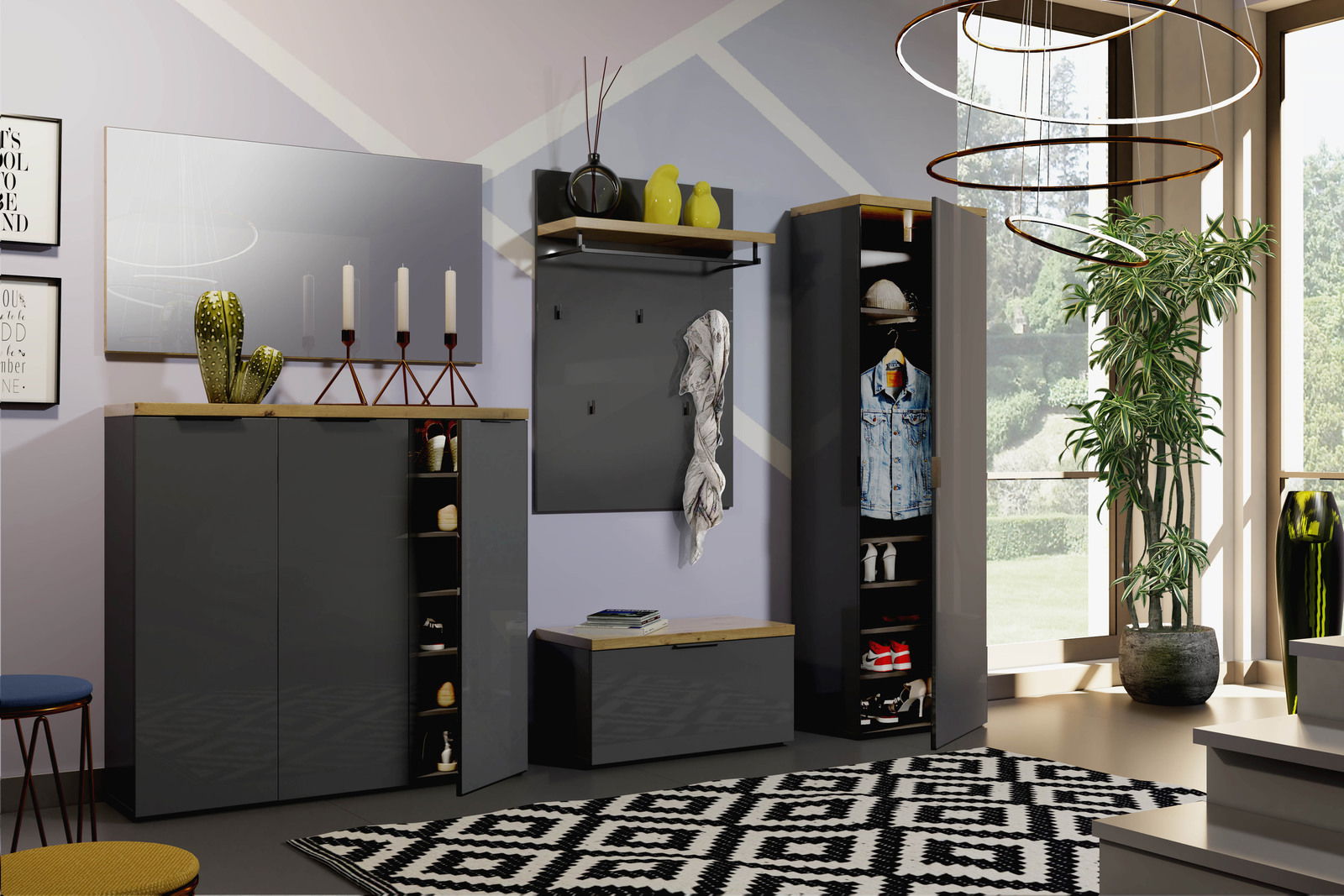 XORA XL-Spiegel IDEA Moderner XL-Spiegel in einem stilvoll eingerichteten Raum, horizontal an der Wand montiert, mit dekorativen Elementen wie Kerzen und Pflanzen.