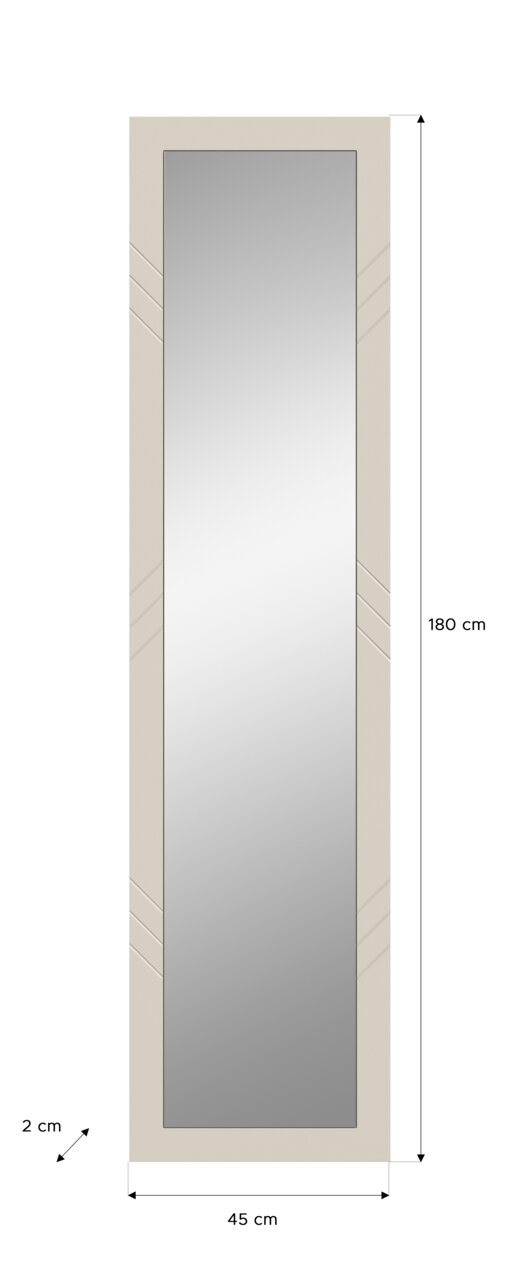 Rechteckiger Wandspiegel mit einem schlichten Rahmen, 180 cm hoch, 45 cm breit, aus der Vorderansicht.