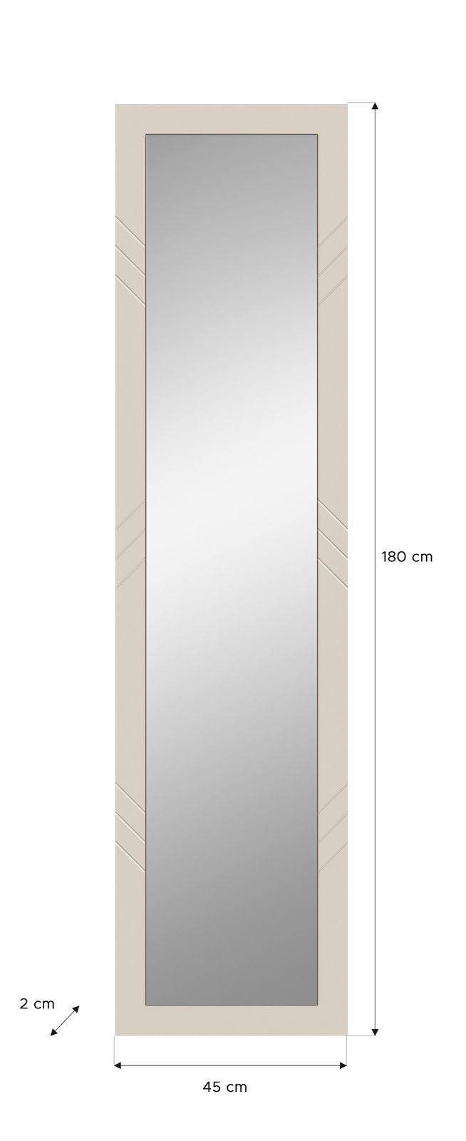 Rechteckiger Wandspiegel mit einem schlichten Rahmen, 180 cm hoch, 45 cm breit, aus der Vorderansicht.