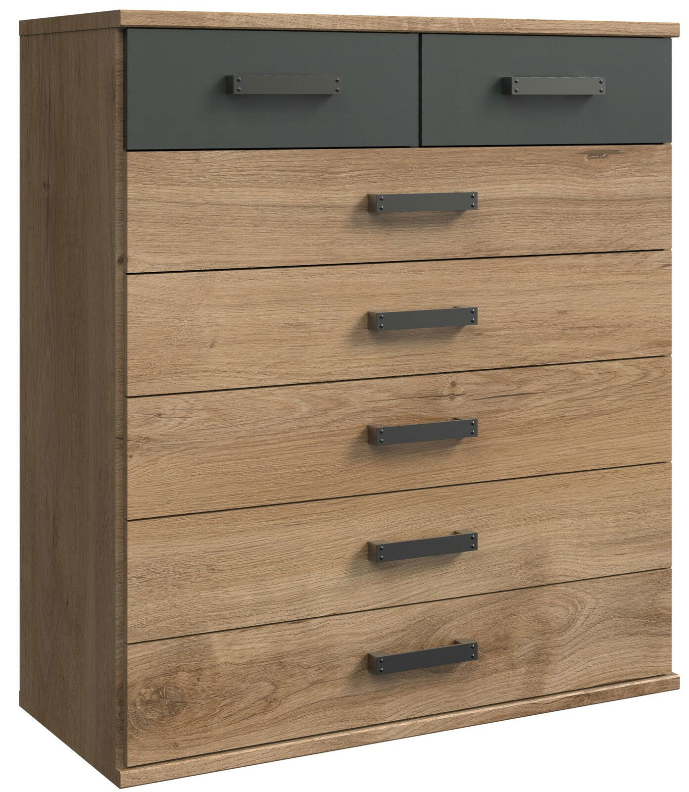 Z2 Kommode CORK Kommode aus Holz mit sechs Schubladen, zwei davon in dunkler Farbe, seitliche Perspektive