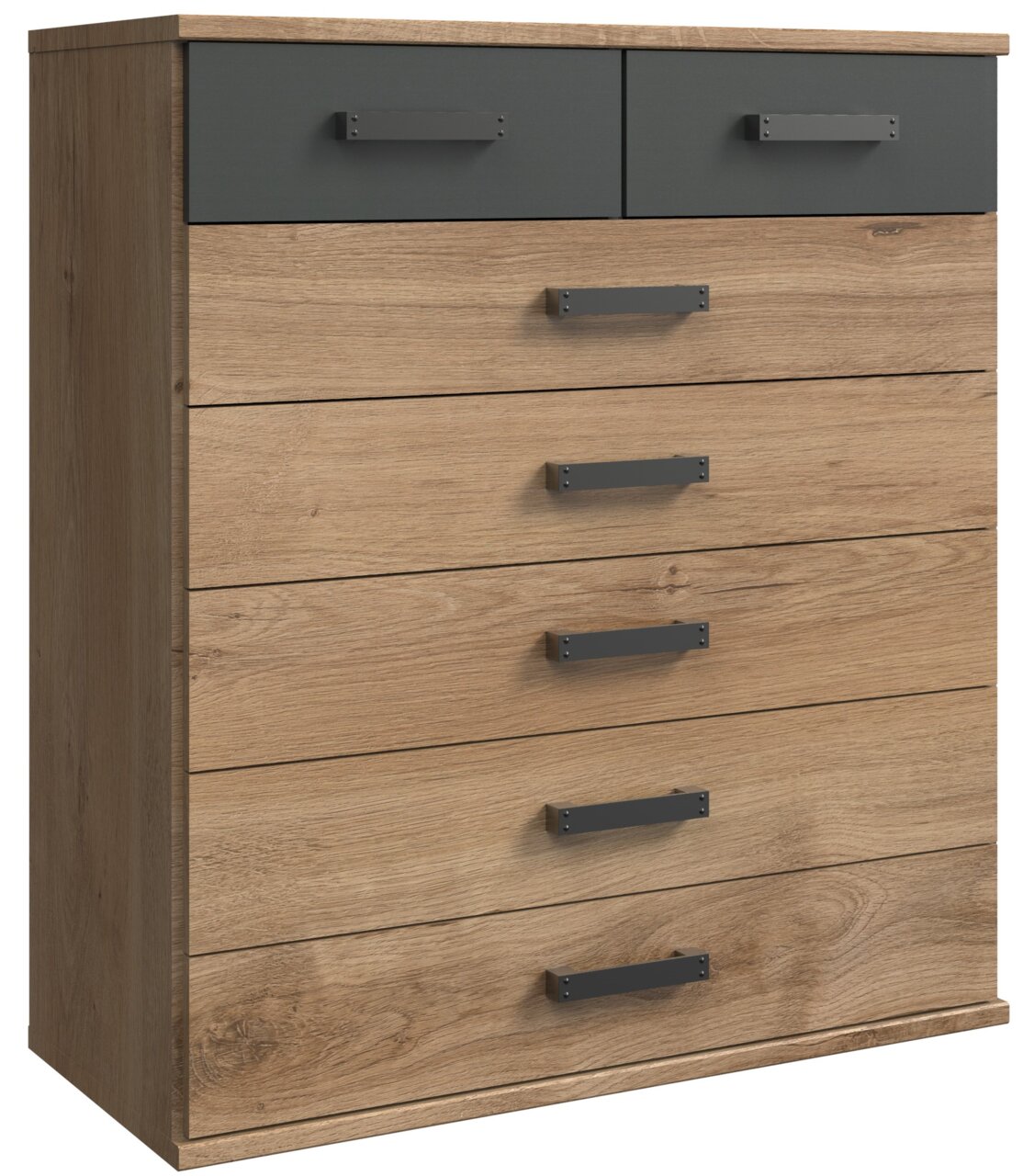 Z2 Kommode CORK Kommode aus Holz mit sechs Schubladen, zwei davon in dunkler Farbe, seitliche Perspektive