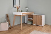 Moderner Eck-Schreibtisch mit Anbau in Holzoptik und weißen Akzenten, seitliche Perspektive
