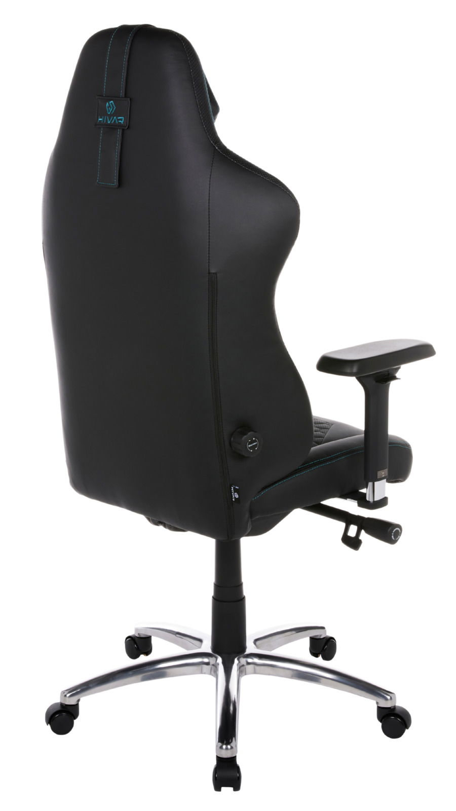 Rückansicht eines schwarzen Gaming-Stuhls mit verstellbaren Armlehnen und einem stabilen Metallfuß auf Rollen.