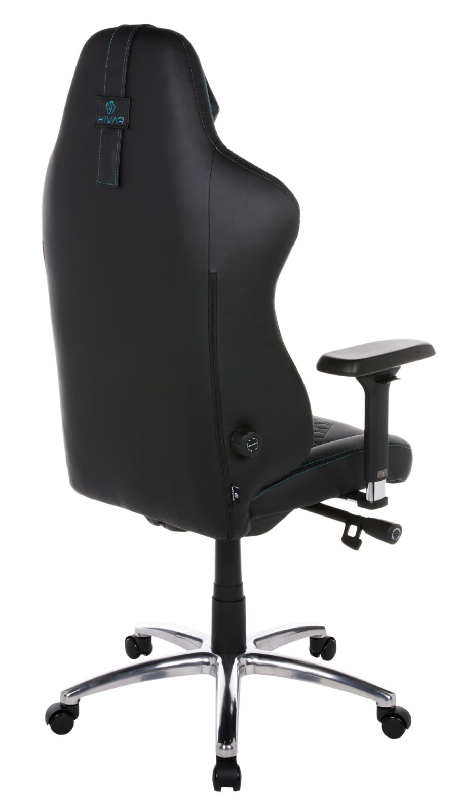 Rückansicht eines schwarzen Gaming-Stuhls mit verstellbaren Armlehnen und einem stabilen Metallfuß auf Rollen.