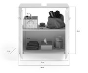 Vorderansicht eines weißen Badschranks mit zwei offenen Regalfächern, gefüllt mit Badutensilien wie Handtüchern, Bürsten und einem Korb. Maße: 60 cm Breite, 56 cm Höhe, 34 cm Tiefe.