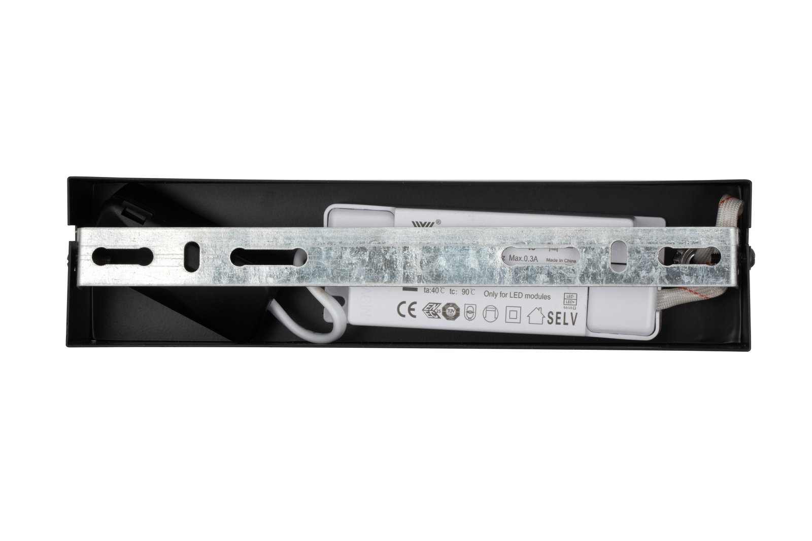 Ansicht von oben auf die LED-Hängeleuchte mit sichtbarer Metallhalterung und technischen Details.