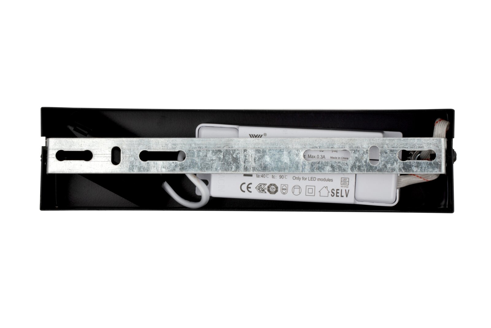Ansicht von oben auf die LED-Hängeleuchte mit sichtbarer Metallhalterung und technischen Details.