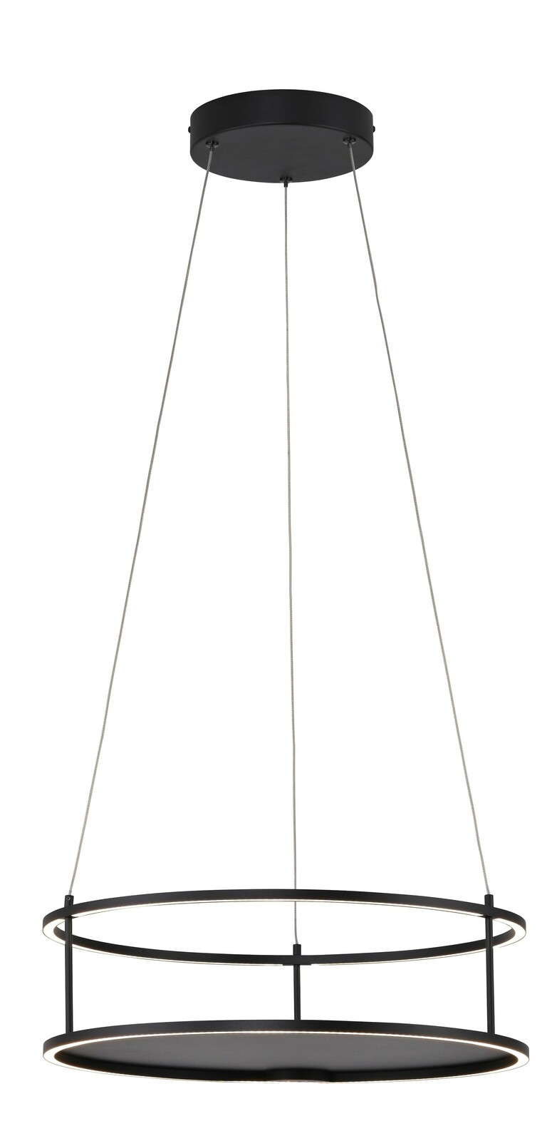 Moderne LED-Pendelleuchte in schwarzem Design, seitliche Perspektive