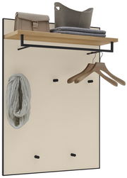 Garderobenpaneel in Frontalansicht mit Holzablage, Kleiderstange und Haken, dekoriert mit Tasche, Tüchern und Kleiderbügeln.