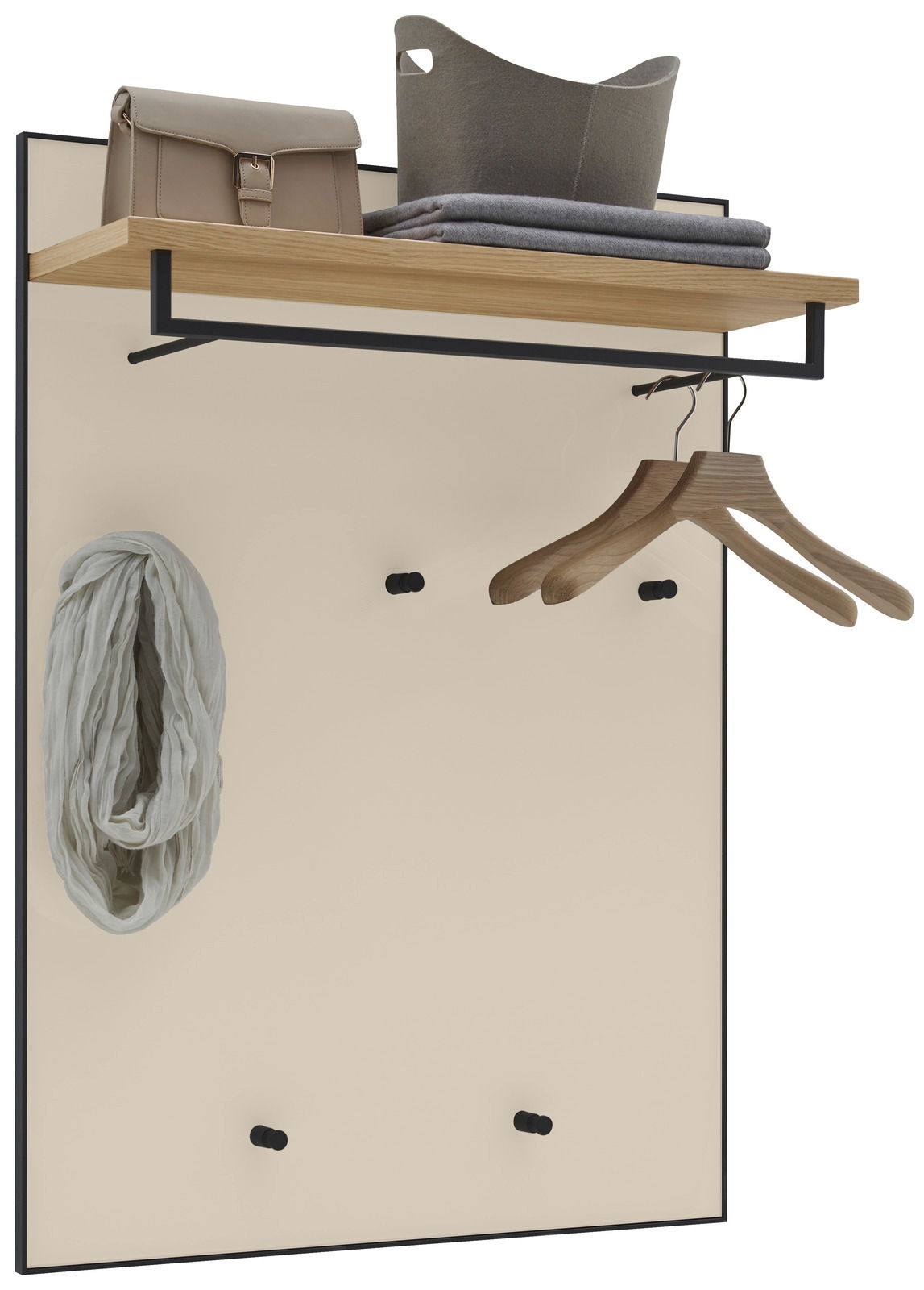 Garderobenpaneel in Frontalansicht mit Holzablage, Kleiderstange und Haken, dekoriert mit Tasche, Tüchern und Kleiderbügeln.